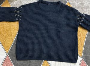 Navy Blue Lace-Up Sleeve Cardigan