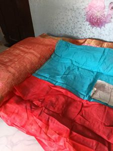 Blue with Red Floral Design ChanderiCotton Saree