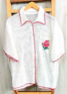 Cute Embroidery Crochet Trim Shirt Size-48