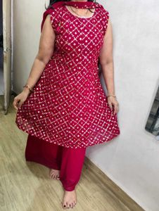 Pink Mirror Work Plazzo Kurta Set