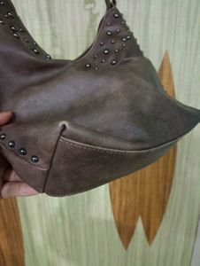Brown Leather Shoulder Bag with Studded Design |