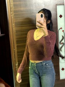 Brown Knit V-Neck Sweater