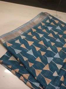 Blue Linen Saree with Geometric Print