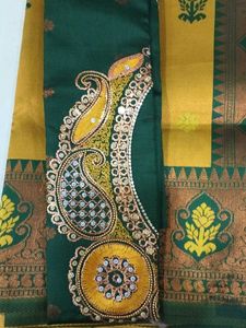 Green &amp; Gold Sari with Embellished Blouse Piece