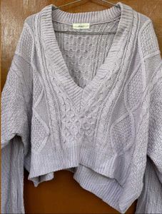 Lilac Cropped V neck Cable Knit Sweater