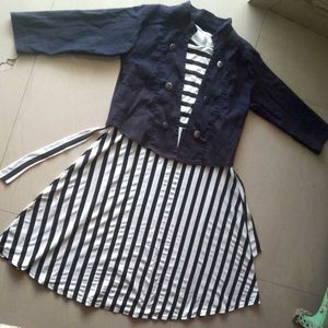 Stylish Black &amp; White Striped Dress with Jacket