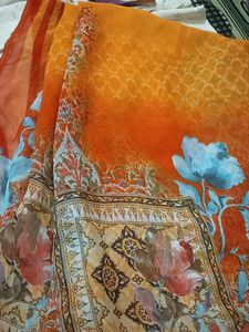 Orange Floral Print Saree