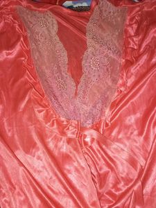 Coral Satin Robe with Lace Detail