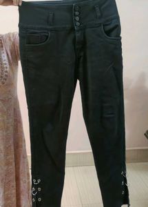 High Waisted Black Jeans with Grommet Detail