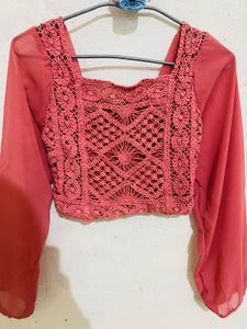 Knitted Pink Crop Top With Full Sleeves