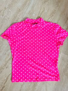 Hot Pink Polka Dot Mock Neck Top