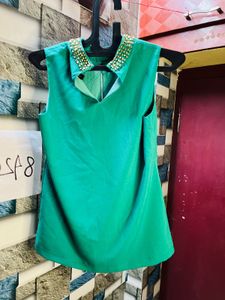 Women Stone Work Halter Neck Green Top