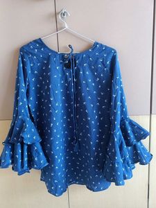 Blue Top With Double Flared-Bell Sleeves