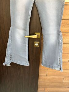 Gray Flare Jeans with Button Detail