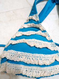 Blue Crochet Trim Bikini Top
