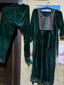 Green Velvet Kurta Set