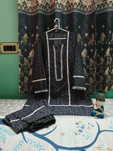 Black Printed suit Set with white lace design.