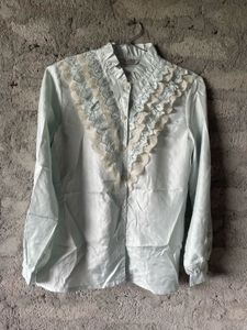 Soft Satin Retro Pastel Blue Frilly Lace- Blouse