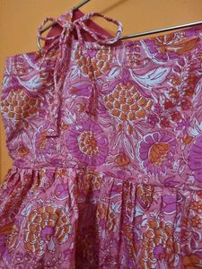 Pink-Yellow Floral Knot-Shoulder Crop Top