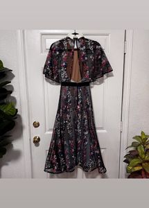 Self Portrait Black Floral Vine Collared Midi Dres