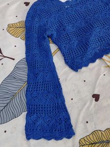Blue Crochet Knit Long Sleeve Top