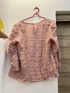 Pink Plaid Ruched Sleeve Top
