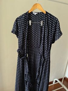 V-neck Blue Dot Wrap Cotton MIDI Dress
