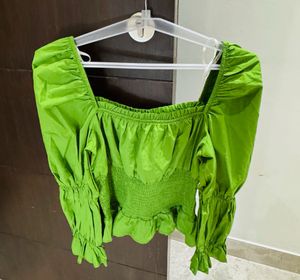 Green Puff Sleeve Crop Top