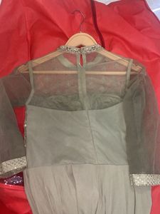Green Embellished Gown With Jacket, Belted Look