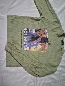 Olive Green Ribbed Graphic Full-Sleeve T-Shirt