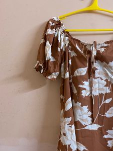 Brown And White Floral Print Tie Up Neck Dress