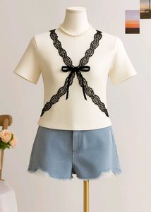Ribbed Tee with Lace & Bow Detail