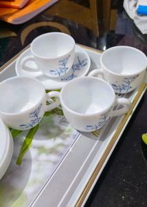LaOpala Glass Cup  Saucer - Set of 9pcs, White,