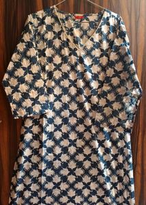 Indigo Blue Kurti with Cream Floral Block Print