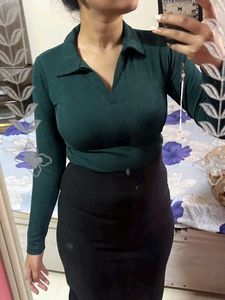 Green Ribbed Polo Long Sleeve Top