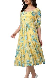 Janasya Georgette Printed Floral Midi Dress