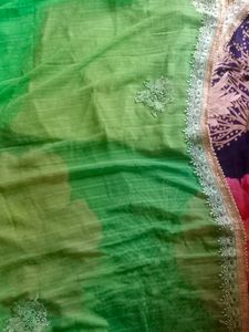 Green Chiffon Saree Pearl  With Stiched Blouse