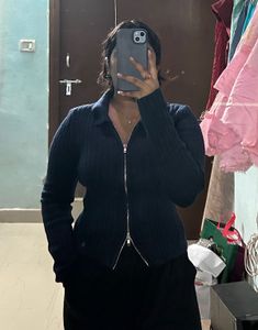 Navy Zip-Up Knit Jacket