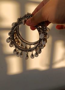 Elegant Silver-Tone Beaded Bangles