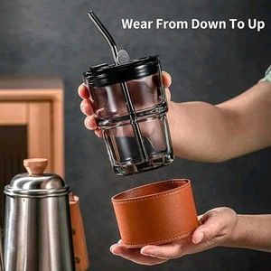 Stylish 400ml Glass Mug with Straw - Brown Sleeve