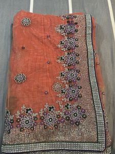 Embroidered Orange Saree