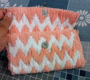 Hand-Knitted Crochet / Yarn Bag - Peach &amp; White