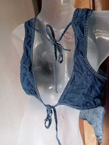 Denim Embroidered Crop Top
