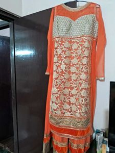 Orange Golden Embroidered Net Anarkali Gown