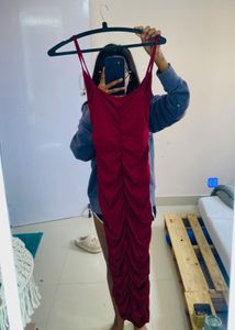 Burgundy Ruched Bodycon Midi Dress