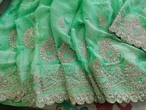 Sea Green Embellished Saree With Cut Work