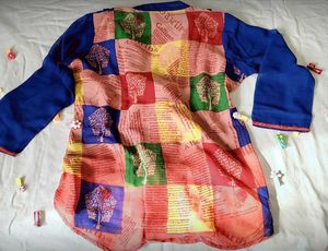 V-neck Frill Top With Mix Print