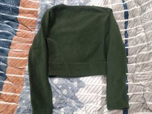 V Neck Olive Ribbed Velvet Crop Top