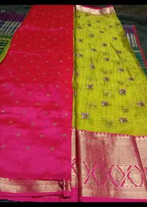 Pink & Green Embellished Saree