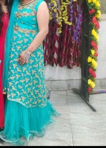 Aqua &amp; Gold Embellished Anarkali